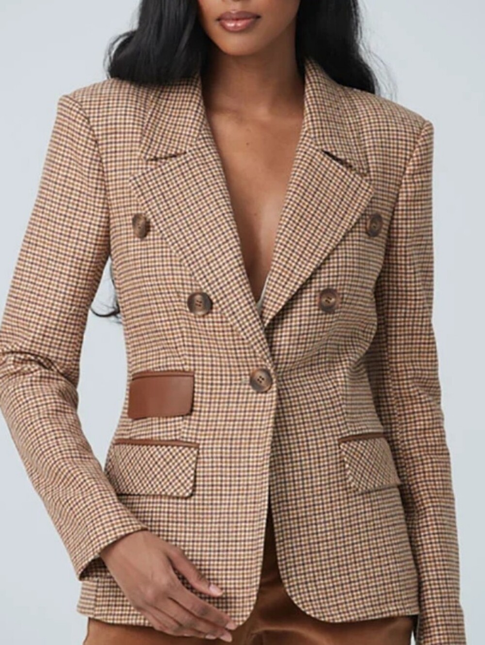 Iris Setlakwe Horse Riding Leather Tailored Brown Houndstooth Blazer